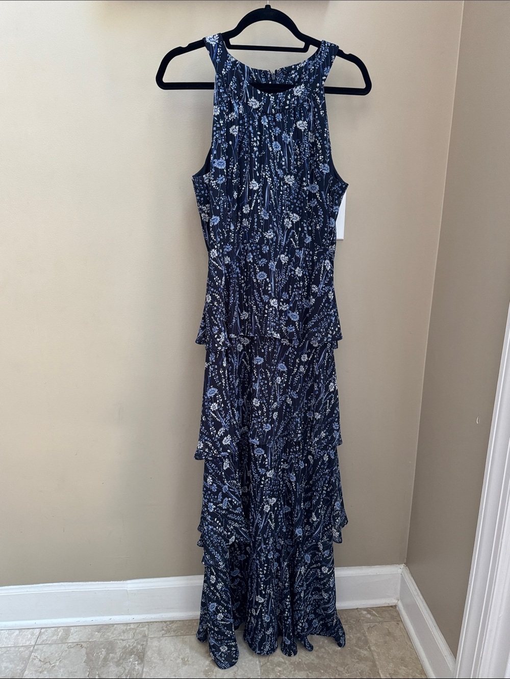 Tommy Hilfiger Navy and Light Blue Floral Tiered Maxi Dress